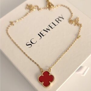 Red Clover Necklace Double Sided Gold Color Chain